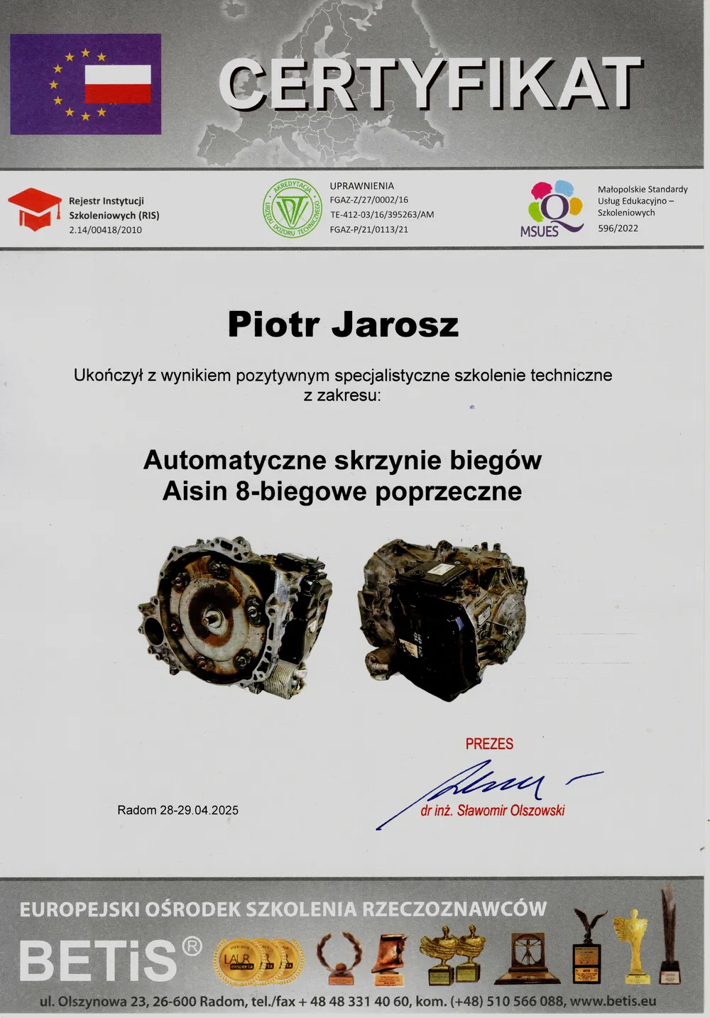Certyfikat: Aisin 8-biegowe poprzeczne