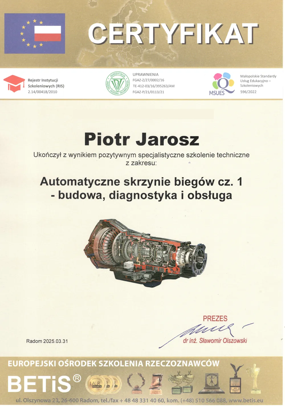 Certyfikat: Automatyczne skrzynie biegów cz. 1 – budowa, diagnostyka i obsługa