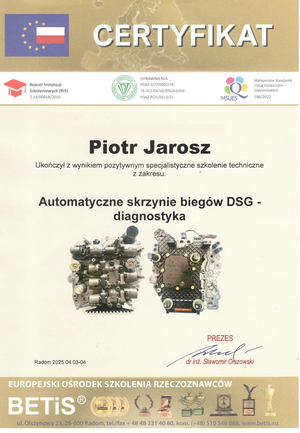 Certyfikat: DSG – diagnostyka