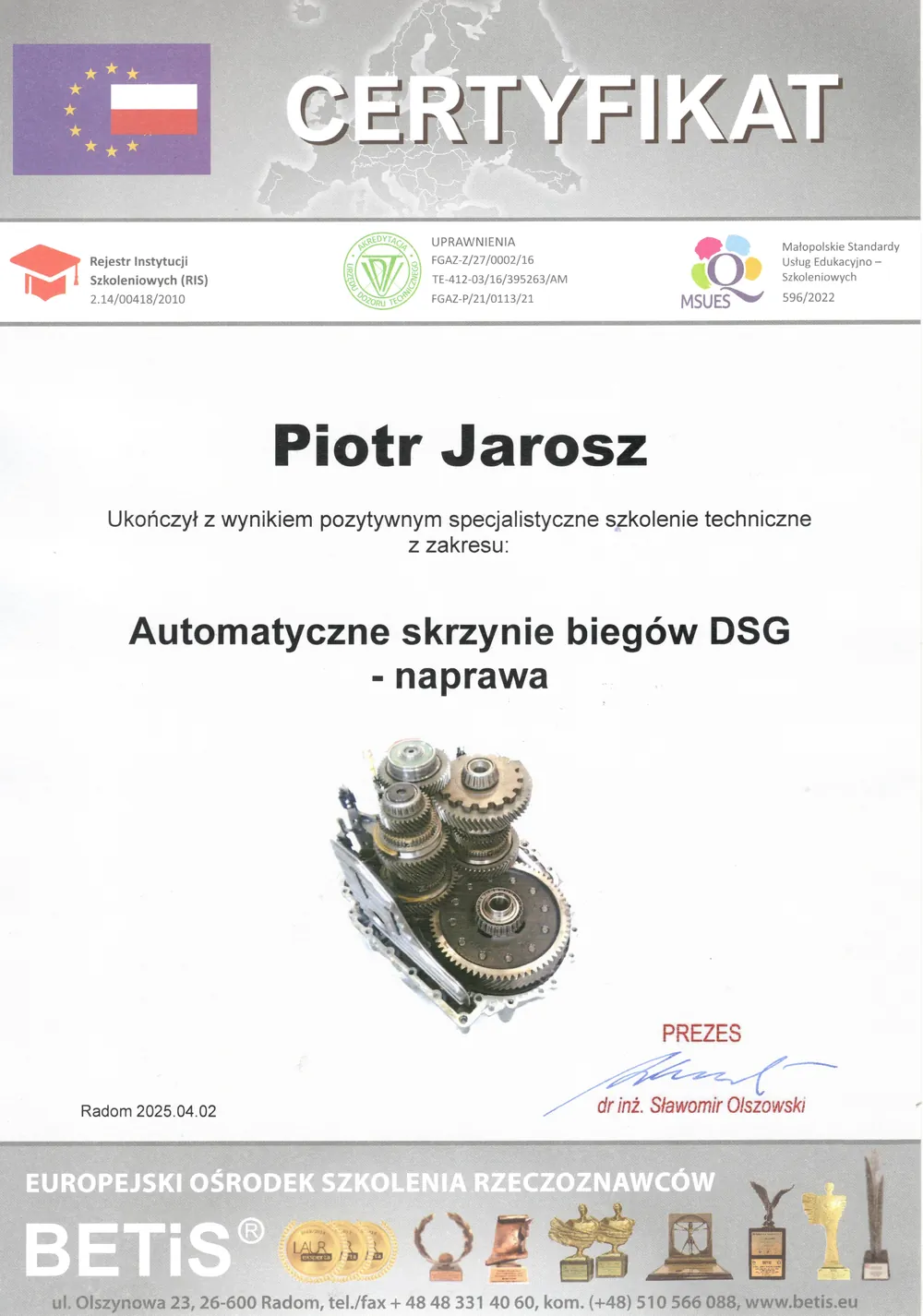 Certyfikat: DSG – naprawa