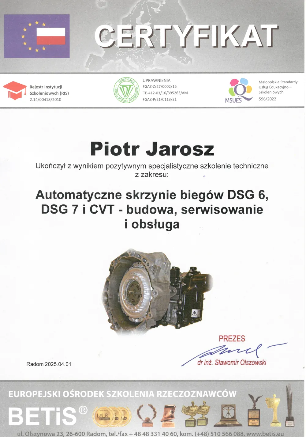 Certyfikat: DSG 6, DSG 7 i CVT – budowa, serwisowanie i obsługa