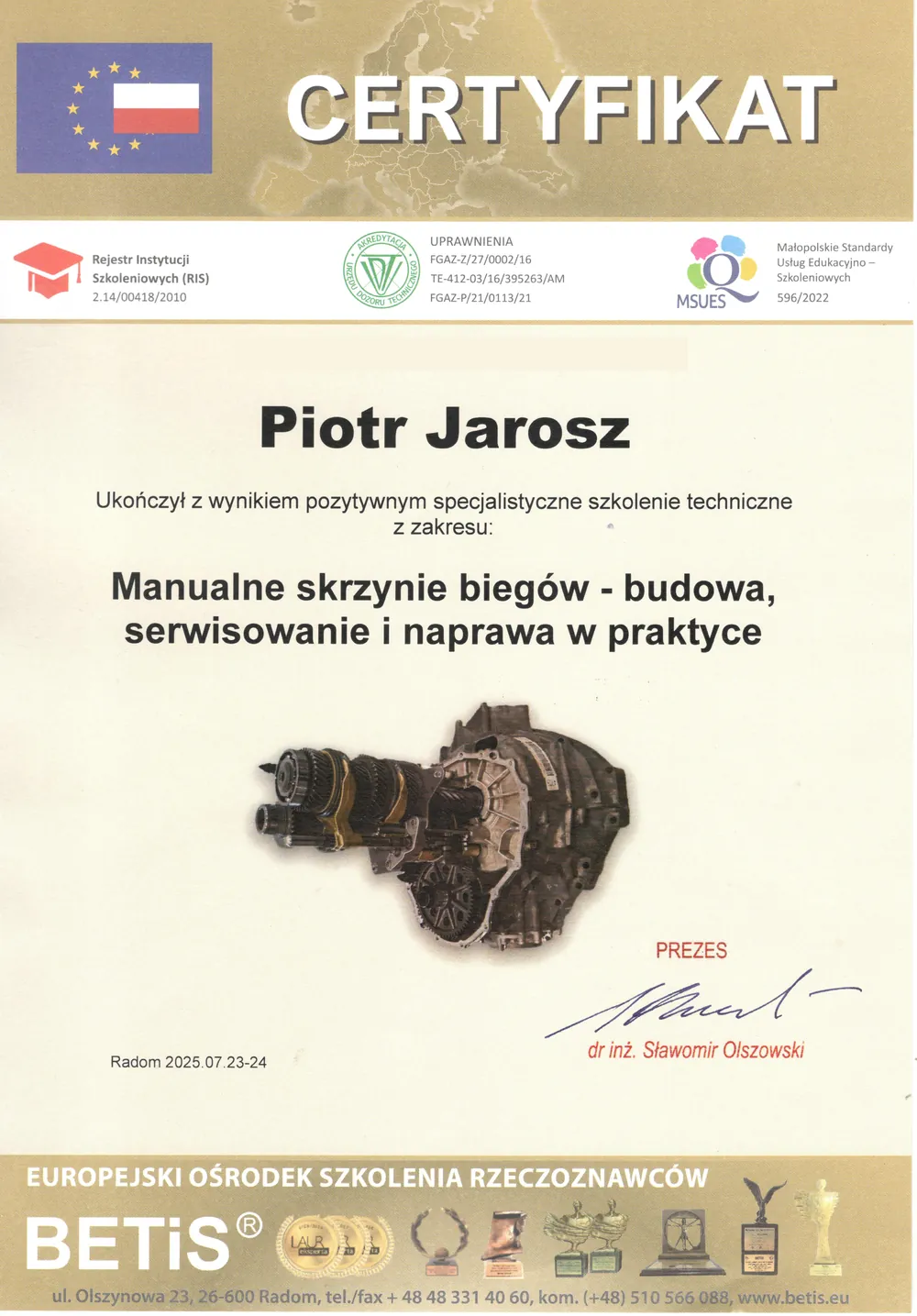 Certyfikat: Manualne skrzynie biegów – budowa, serwisowanie i naprawa w praktyce