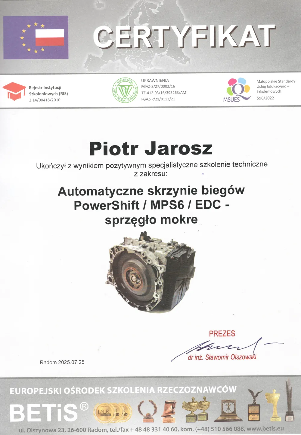 Certyfikat: PowerShift / MPS6 / EDC – sprzęgło mokre