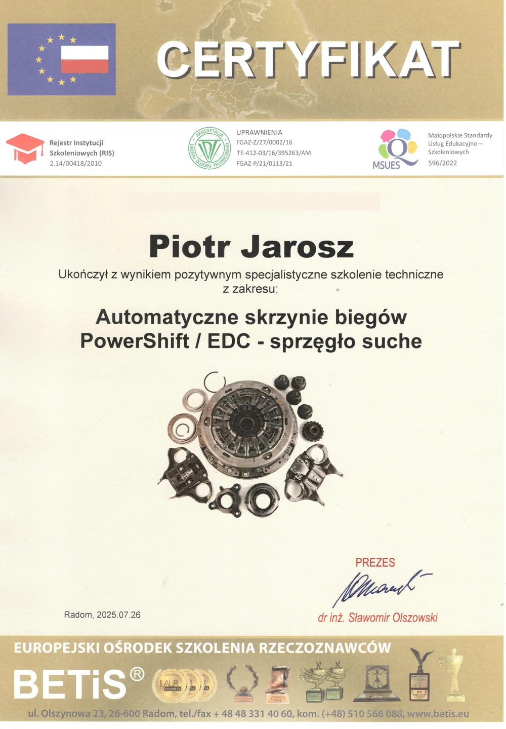 Certyfikat: PowerShift / EDC – sprzęgło suche