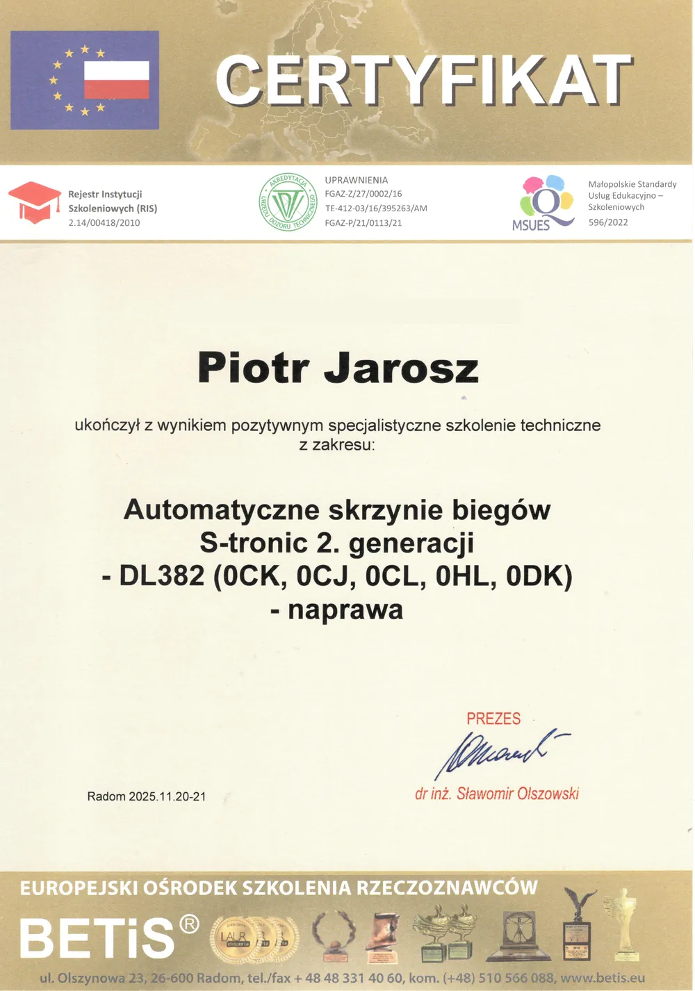 Certyfikat: S-tronic 2. generacji DL382 (0CK, 0CJ, 0CL, 0HL, 0DK) – naprawa