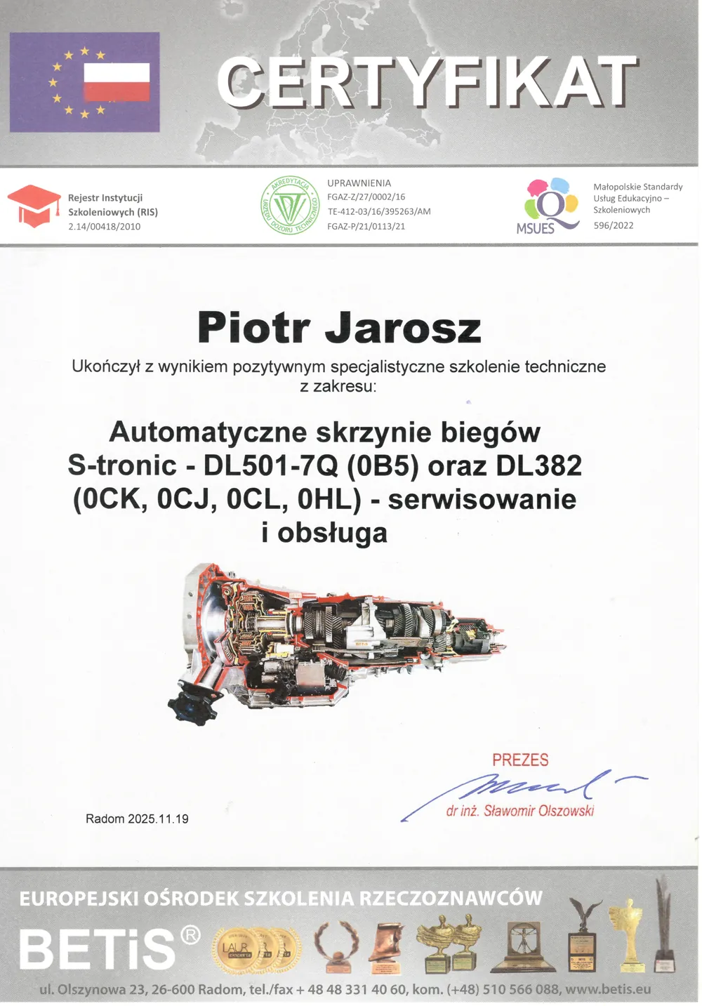 Certyfikat: S-tronic DL501-7Q (0B5) oraz DL382 (0CK, 0CJ, 0CL, 0HL) – serwisowanie i obsługa